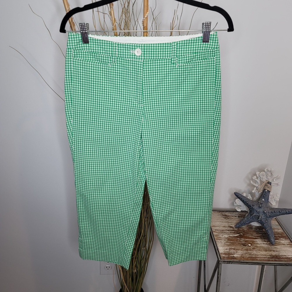 Talbots Perfect Skimmer Pants Womens 2P Green White Gingham Check Cropped Chino